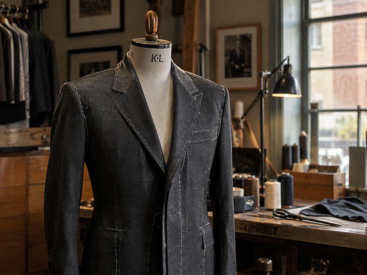 Tailored charcoal suit with measuring tape