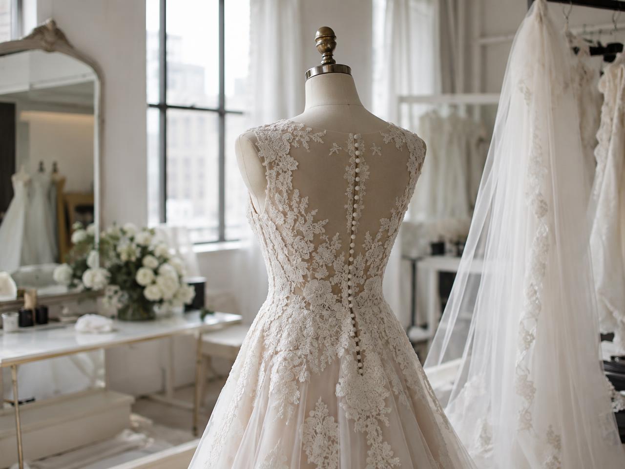Ivory lace wedding dress in a bright studio